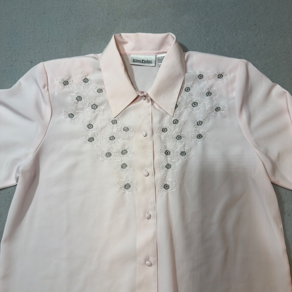 Ellen Parker Pink Embroidered Floral Button Up Blouse Long Sleeve Vintage SZ 10